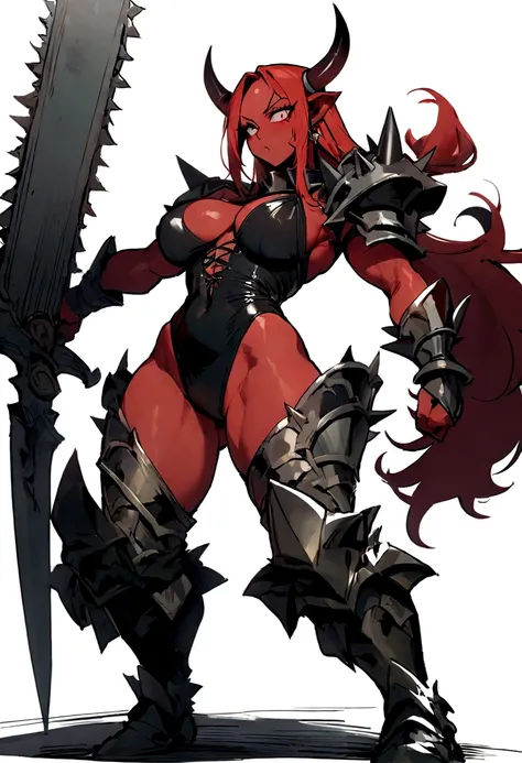 ({masterpiece}},{best quality,}，white background,full body,middle Ages,1 female demon，Aggressive，，Red skin，Spiked armor，Horns，Chainsaw sword，Brass decoration，Strong muscles，Sexy，({masterpiece}},{best quality}}