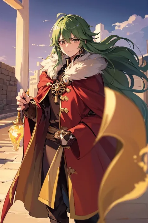 Highest quality, masterpiece, High resolution, alone, （Fire emblem），（FE Heroes_Trabant），Evening sky_background，Middle Age_male，（smug face），（Moss Green_Hair Color）, 4K, masterpiece,， alone, 1,whole body，looking at the camera, Fumaru，Red_Cape，（black_coat），Bi...