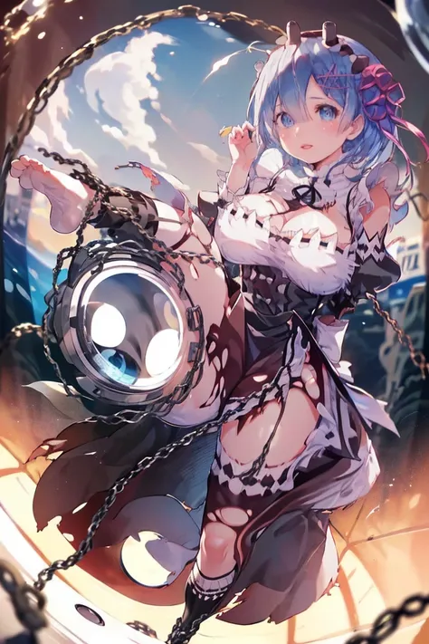 、Plump、Show your pants、Fighting Pose、Weapons Morningstar、((Underground Prison))、((The floor beneath my feet is crumbling))、((((Rem in chains)))),(((((Fisheye Lens)))))、((((Super huge breasts))))、(((Plump thighs)))、(((Rem from Re:Zero)))、looking at the came...