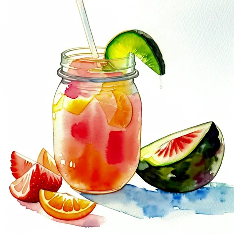 ((masterpiece)), ((best quality:1.2)), ((watercolor)), ((soft color))), ((minimalist)), ((negative space)), ((solid white background)), many type of healthy drinks, orange juice, avocado juice, strawberry juice, grape juice, 5 jar of infused water containi...