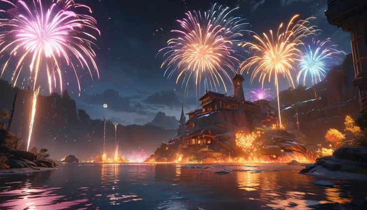 firework、river、a vibrant world illuminated by the colorful explosions, night, moon reflected on the calm water, sadness depicted...