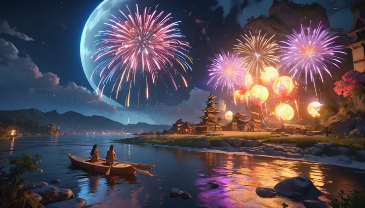 firework、river、a vibrant world illuminated by the colorful explosions, night, moon reflected on the calm water, sadness depicted...