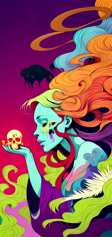 a poster of a woman with long hair holding a skull, digital art inspired by Asaf Hanuka, behance contest winner, psychedelic art, jen bartel, colorfull illustration, psychedelic illustration, colorful illustration, surreal flat colors, laurie greasley and ...