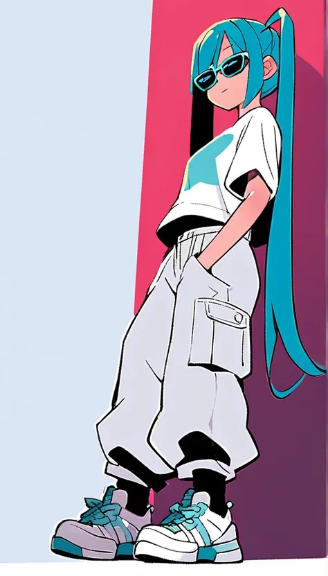 2 people、Hatsune miku、Miku、Twin tails、Long light blue hair、Are standing、cool、Black horizontal sunglasses、Opaque sunglasses、White platform sneakers、White Cargo Pants、Baggy clothes、pop、Pop image quality、pop、Grainy-looking image quality、cute、Are standing、View...