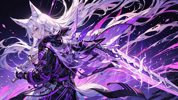 Handsome teenager，Silvery white hair，Has fox ears，Sword in both hands，On his back is a purple nine-tailed fox，Purple lightning effect