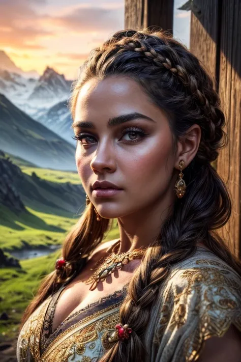 a beautiful, intricate portrait of a dwarven woman, delicate facial features, piercing eyes, full lips, intricate hairstyle with...