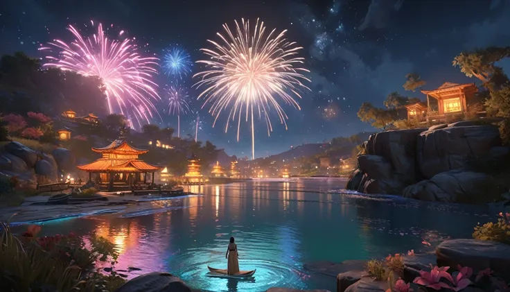 firework、river、a vibrant world illuminated by the colorful explosions, night, moon reflected on the calm water, sadness depicted...