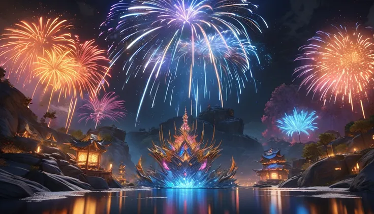 firework、river、A vibrant world illuminated by the colorful explosions, night, moon reflected on the calm water, Sadness depicted through a solitary figure watching the display, 16K, uhd, Unreal Engine, award-winning digital art, highest quality, ultra-high...