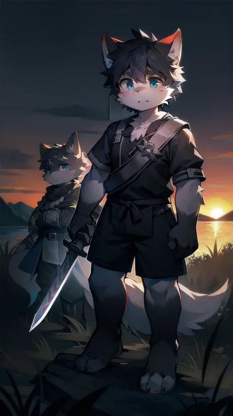 White Wolf，black hair，Sky blue eyes，hairy，Wolf ears，Wolf tail，Full body portrait，The character is in the center of the frame，Handsome，Confident eye***but，juvenile，Black and white combat uniform，Red neck bib，Black shorts，Short sleeve，hairy arms and legs，Dar...