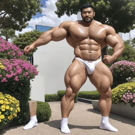 There is only one handsome Asian actor in the photo，35 years old，High target, Fitness，short hair, O-Shaped Beard，Perfect body, Dark skin color，Radiant Skin，Smooth skin，Shiny, shiny skin，Smooth pectoral muscles，No chest hair，No body hair，Muscle bulge, muscu...