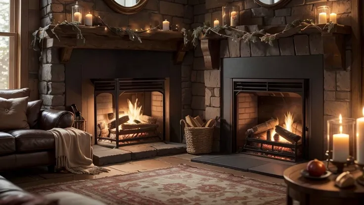 A close-up photorealistic image of a cozy crackling fireplace with warm, inviting lighting. The fire should be the main focus, with dancing flames, glowing embers, and wisps of smoke. The fireplace itself should be made of stone or brick, with a rustic and...