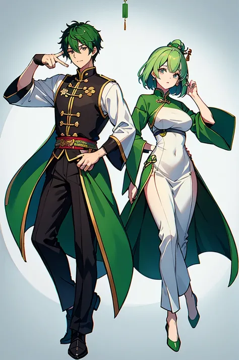 Green Hair、Her hair is short、small breast、standing、full body、Fighter、male、Uniform、Chinese Knight、Chinese style、White background、No exposure、China dress、pants、band、front、White is the main color of the outfit、Kung Fu、Not big breasts