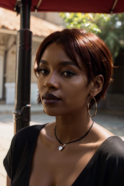 bright summer day ebony love nude stunningly beautiful short red hair hoop earrings wearing black lipstick