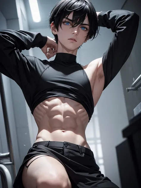 (best quality), 1boy, male, pale skin, black hair, short hair, tousled hair, messy bangs, bangs over eyes, blue eyes, perfect eyes, dark circles under eyes, lanky body, boyish, strong jawline, frown, attractive, goth boy, long sleeved black crop top, mascu...