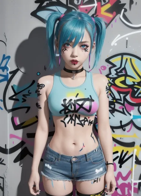 masterpiece, best quality, 1girl, solo, crop top, denim shorts, choker, (graffiti:1.5), paint splatter, arms behind back, against wall, looking at viewer, armband, thigh strap, paint on body, head tilt, bored, multicolored hair, aqua eyes, headset