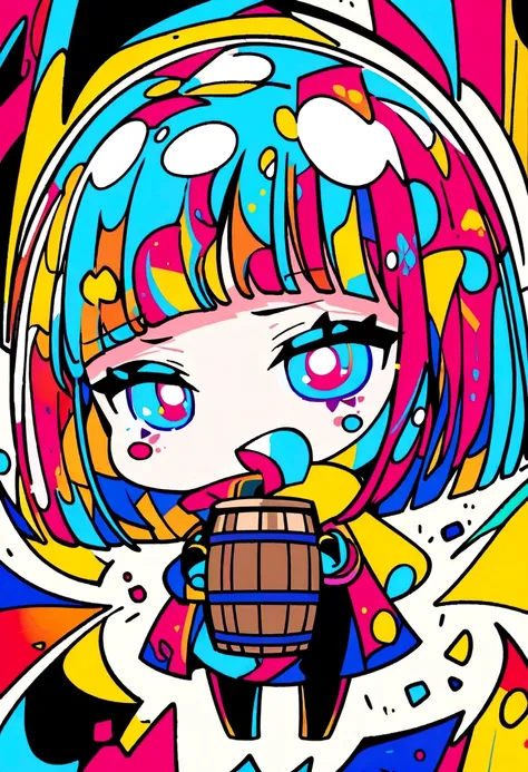 Osamu Tezuka style, woman holding up a beer mug as big as her face,, simple line initials, abstract art, urban background, (((most beautiful girl))), ((chibi))