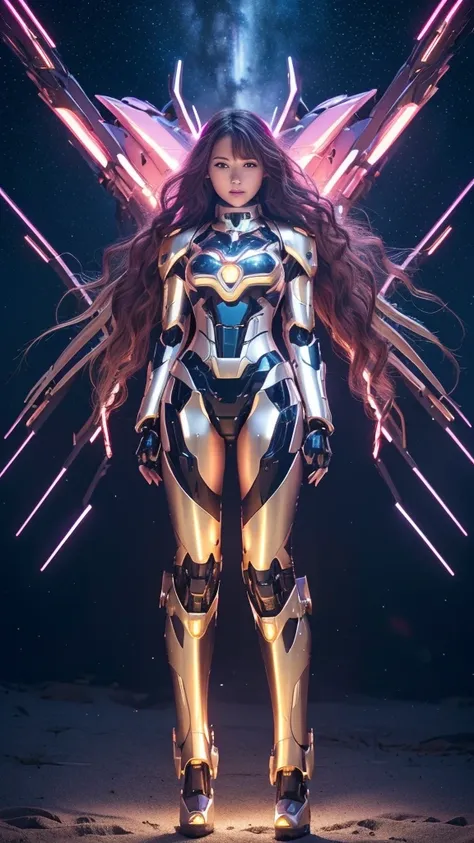 Best quality, masterpiece, awards winning photograph, 1girl, ((extremely beautiful)), full makeups, pink wavy hair, ((realistic)), ((hair blown by the winds)), glowing pink eyes, ((slim body)), (gold and black luminous mecha armor colors), ((luminous mecha...