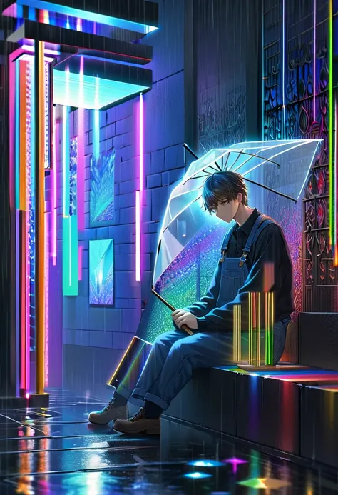 A mesmerizing, colorful artwork featuring a neon lighting effect with crystal-like elements. The lighting is combined with an intricate, human-shaped fretwork design, creating a tender scene of a man accidentally bringing an umbrella to a sad girl sitting ...