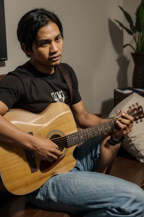 Indonesian man, 35 years old, brown skin, clean face, T-shirt, ripped jeans at the knees, sitting with guitar, twilight, full body, realistic, HD photo