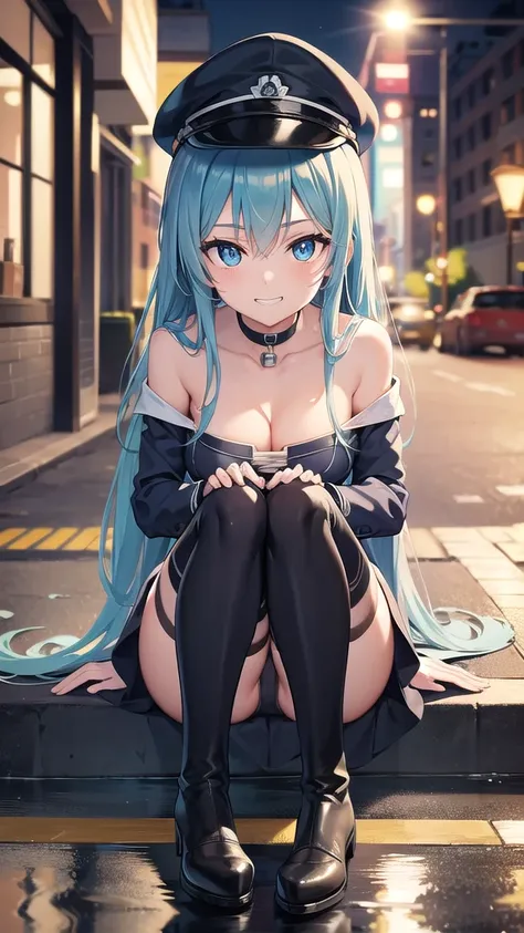 esdeath, esdeath, blue eyes, blue hair, long hair, (small breast:1.2), smile, grin,
BREAK boots, choker, cleavage, collarbone, hat, ice, military,white military uniform, peaked cap, thigh boots, thighhighs, uniform,BREAK looking at viewer, full body,BREAK ...