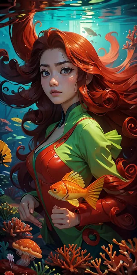 (must-have piece), (best quality), highly detailed, 1 girl, full-length solo shot, perfect face, beautiful girl, highly detailed顔, (long curly red hair: 1.5), (green eyes: 1 ,4), (float: 1.4 ), (in water: 1.4), seabed, bubble, school of fish, coral reef, s...