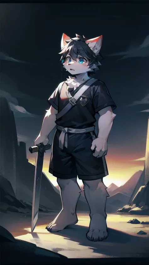 White Wolf，black hair，Sky blue eyes，hairy，Wolf ears，Wolf tail，Full body portrait，The character is in the center of the frame，Handsome，Confident eye***but，juvenile，Black and white combat uniform，Red neck bib，Black shorts，Short sleeve，hairy arms and legs，Dar...