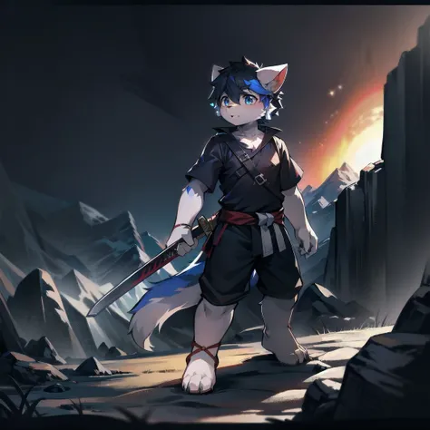 White Wolf，black hair，Sky blue eyes，hairy，Wolf ears，Wolf tail，Full body portrait，The character is in the center of the frame，Handsome，Confident eye***but，juvenile，Black and white combat uniform，Red neck bib，Black shorts，Short sleeve，hairy arms and legs，Dar...