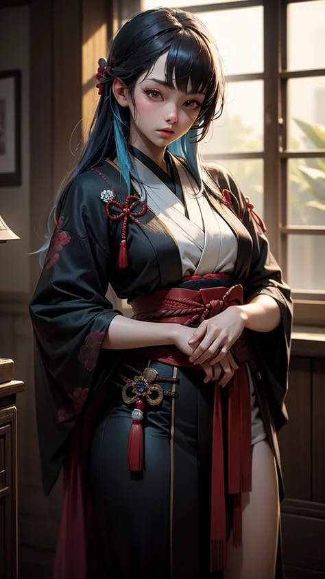 (high quality) (4K resolution) (HD Textures) (realistic details).young erotic samurai japanese warrior girl, Long blue hair, red eyes, sexy costumes 