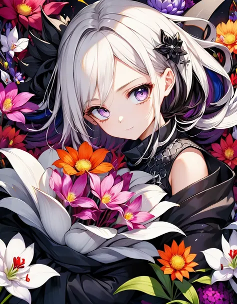  ódio no olhar Exquisite and charming anime style illustration, android 18 Naruto fusão com Vegeta dark Vernon fire in the orquídeas flower black fire black bed, a beautiful girl with withe black dark devil hair, silver eyes, half body, hiding in the flowe...