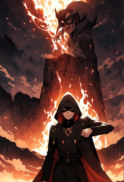 our main character is standing on cliff below that  cliff is a volacano lava is erupting from it make a background dark in anime style man is standing with his hand streched open in titanic pose. character is wearing a hood of dark shade, character is also...