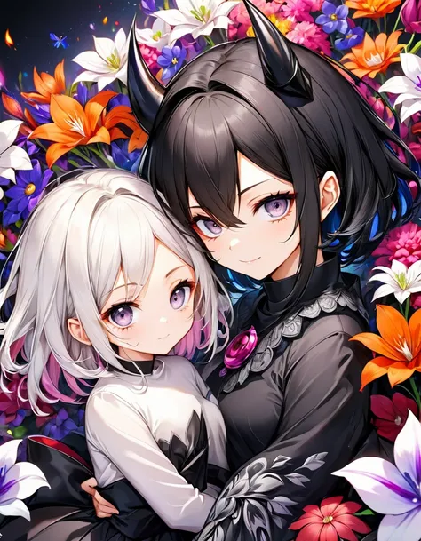 ódio no olhar Devil dark Power black Exquisite and charming anime style illustration, android 18 Naruto fusão com Vegeta dark Vernon fire in the orquídeas flower black fire black bed, a beautiful girl with withe black dark devil hair, silver eyes, half bod...