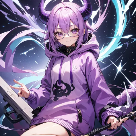 A  girl with light purple hair and a smug face with glasses and a hoody and small dragon horns 