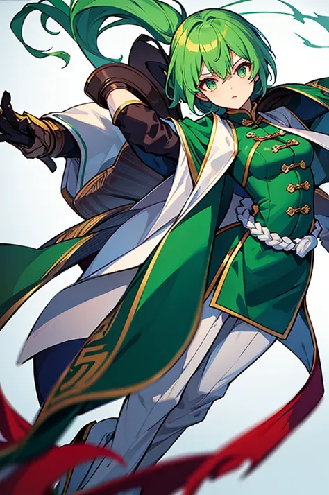 Green Hair、Her hair is short、small breast、standing、full body、Fighter、male、Uniform、Chinese Knight、Chinese style、White background、No exposure、China dress、pants、band、front、White is the main color of the outfit、Kung Fu