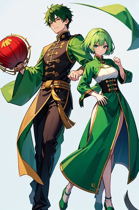 Green Hair、Her hair is short、small breast、standing、full body、Fighter、male、Uniform、Chinese Knight、Chinese style、White background、No exposure、China dress、pants、band、front、White is the main color of the outfit、Kung Fu