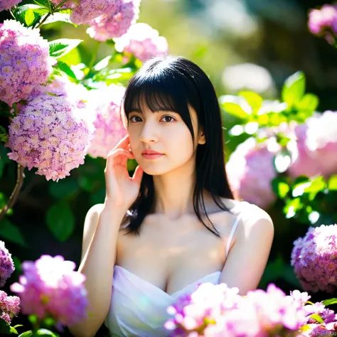 (Photorealistic:1.1)、42-year-old woman、Full nudity、Lens flare、Natural soft light、Backlight、Black-haired、Buried in blooming flowers