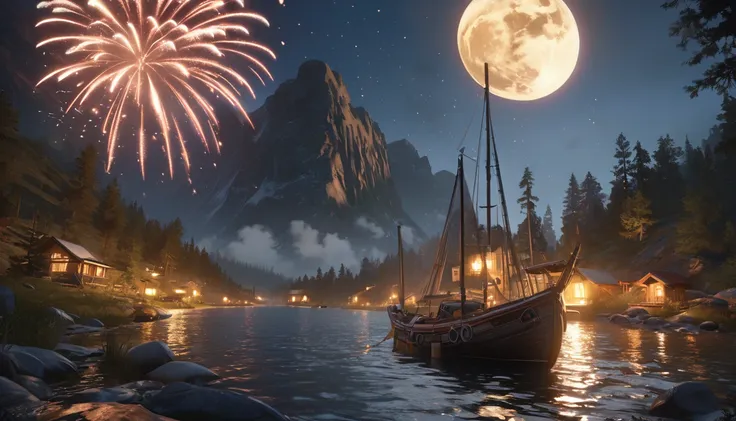 night、river、firework、moon、Warm light source、wood々、16K, uhd, Unreal Engine, award winning, highest quality, ultra-high definition, Realistic, masterpiece, Photorealism, fantastic, digital art, uninhabited, concept art, exaggerated artistic expression, accur...