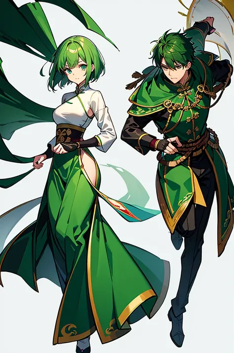 Green Hair、Her hair is short、small breast、standing、full body、Fighter、male、Uniform、Chinese Knight、Chinese style、White background、No exposure、China dress、pants、band、front、White is the main color of the outfit、Kung Fu