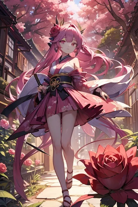 masterpiece, best quality, extremely detailed, アニメ, {{plant thorny shrub　around her}}, monster girl, mandrake, flower girl, fusion of rose and girl, legs are integrated with the roots, ,, Cherry-blossom color hair, crimson eyes, hair so long it reaches the...