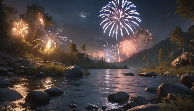 night、river、firework、moon、wood々、16k, uhd, unreal engine, award winning, highest quality, ultra-high definition, realistic, maste...