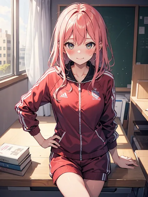 体育倉庫室で青い長袖tracksuit in schoolを脱ぐExhibitionismの女, blush, ((Exhibitionism))
