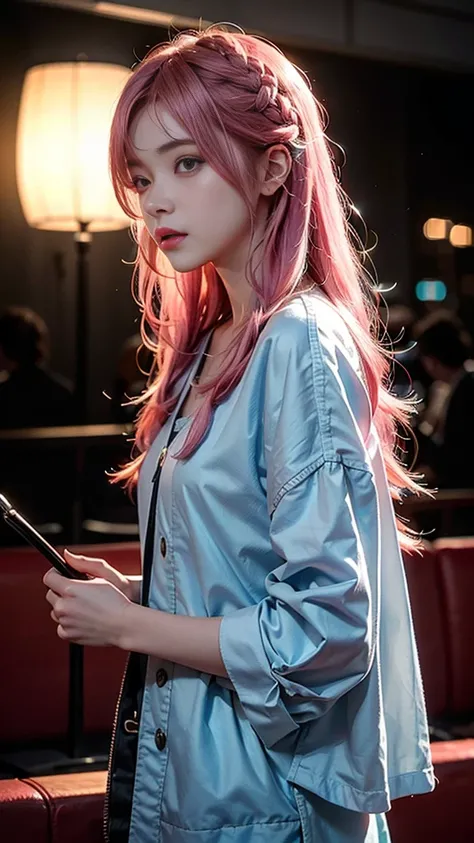 Pink Hair,Long Hair,Single Side Lock Hairpin Brush Modern Cinema Lighting,Ray Tracing,Drop Shadow Wide Shot UHD,Textured skin,Attention to detail,Top quality 4k