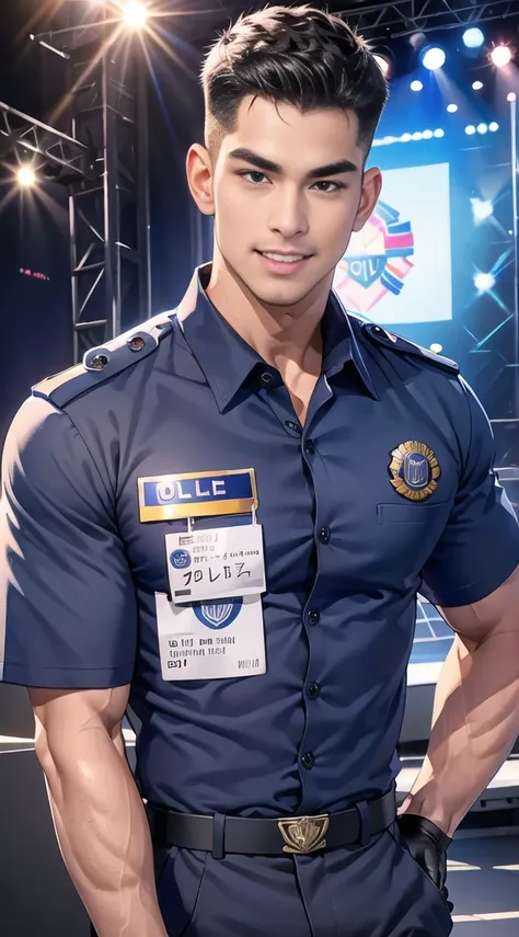 handsome man lying down next to the stage ,(crew cut short hair:1.2),black eye,smile,open mouth (navy police uniform:1.2),(shirt...