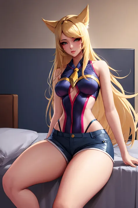 Masterpiece, high quality, kda ahri, ahri, fox hears, blonde, tight shorts, medium breasts, sexy, thick thighs, wide hips, blonde hair, posing, bedroom