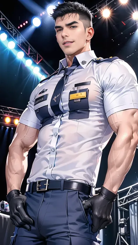 handsome man  Lying down next to the stage,(crew cut short hair:1.2),black eye,smile,open mouth
(navy police uniform:1.2),(shirt short sleeves:1.2),collar,(shirt covered over:1.2),(name tag and Police badge:1.2),(shirt no buttons:1.1),(black_gloves:1.3),
(...