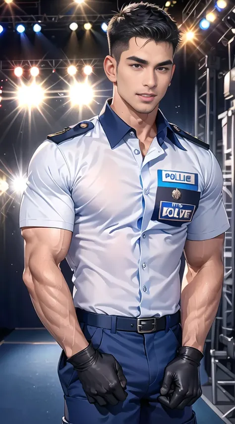 handsome man lying down next to the stage ,(crew cut short hair:1.2),black eye,smile,open mouth (navy police uniform:1.2),(shirt...