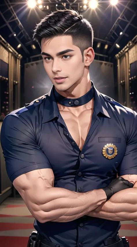 handsome man Lying down next to the stage ,(crew cut short hair:1.2),black eye,smile,open mouth (navy police uniform:1.2),(shirt short sleeves:1.2),collar,(shirt covered over:1.2),(name tag and Police badge:1.3),(shirt no buttons:1.1),(black_gloves:1.3), (...