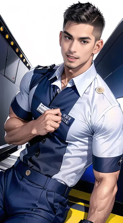 handsome man Lying down next to the stage ,(crew cut short hair:1.2),black eye,smile,open mouth (navy police uniform:1.2),(shirt short sleeves:1.2),collar,(shirt covered over:1.2),(name tag and Police badge:1.3),(shirt no buttons:1.1),(black_gloves:1.3), (...