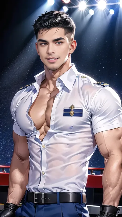 handsome man Lying down next to the stage on the table ,(crew cut short hair:1.2),black eye,smile,open mouth (navy police uniform and t-shirt:1.2),(open shirt short sleeves:1.2),collar,(shirt covered over:1.2),(name tag and Police badge:1.2),(shirt no butt...