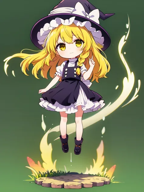 1girl,black and white witch,witch hat,blonde hair,long hair,yellow eye,chibi,full body,green background,standing,cheerful girl,m...