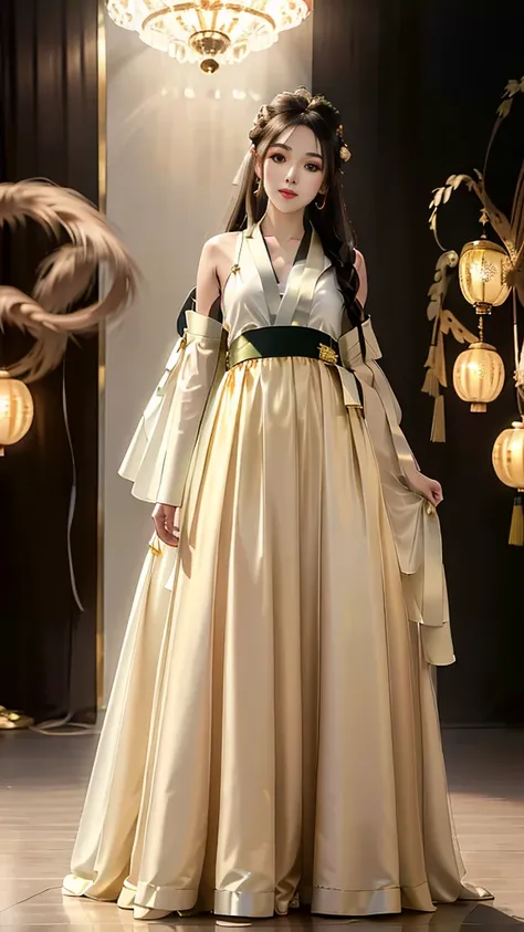 Girl in traditional Chinese clothing, Hanfu, Guzhen Hanfu women, gold Hanfu,(long straight black hair:1.5), black eyes, black bun hairstyle, hair accessories ,white diamond earrings, Bangle Diameter, Dia Necklace, Clear eyes, Facing forward,put on makeup, ...